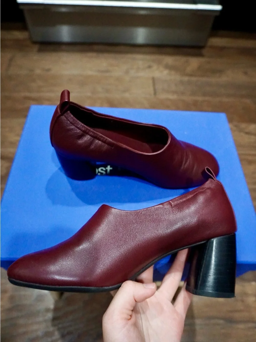 Elegant Burgundy Genuine Leather Square Toe Block Heel Pumps US 4 but Fit US 5